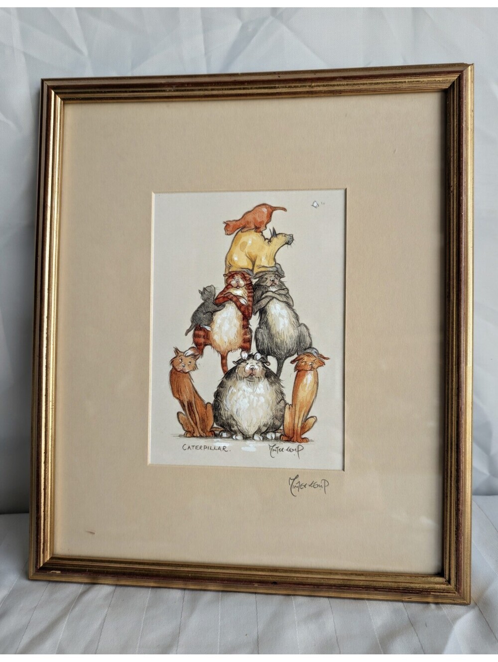 Minter Kemp Cat Kitten Caterpilla Pyramid Framed Humorous Whimsical Artwork